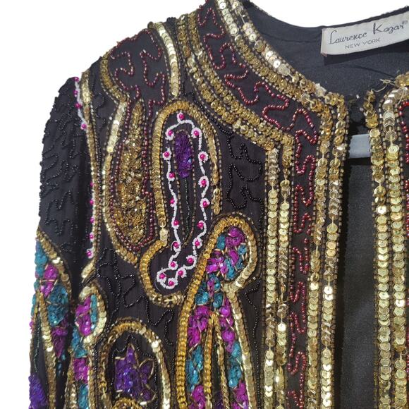 Vintage 80s 90s Laurence Kazar Plus Sz 4X Silk All Over Sequin Paisely Jacket - Picture 2 of 7